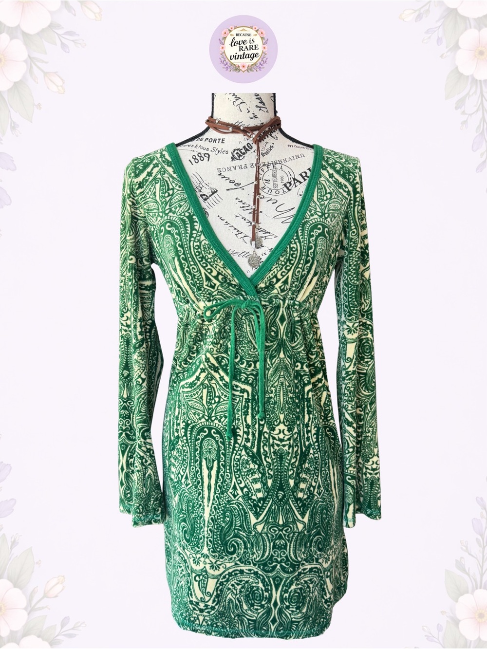 Vintage Y2K Juicy Couture Green & Cream Paisley Print Velour Dress • USA • S